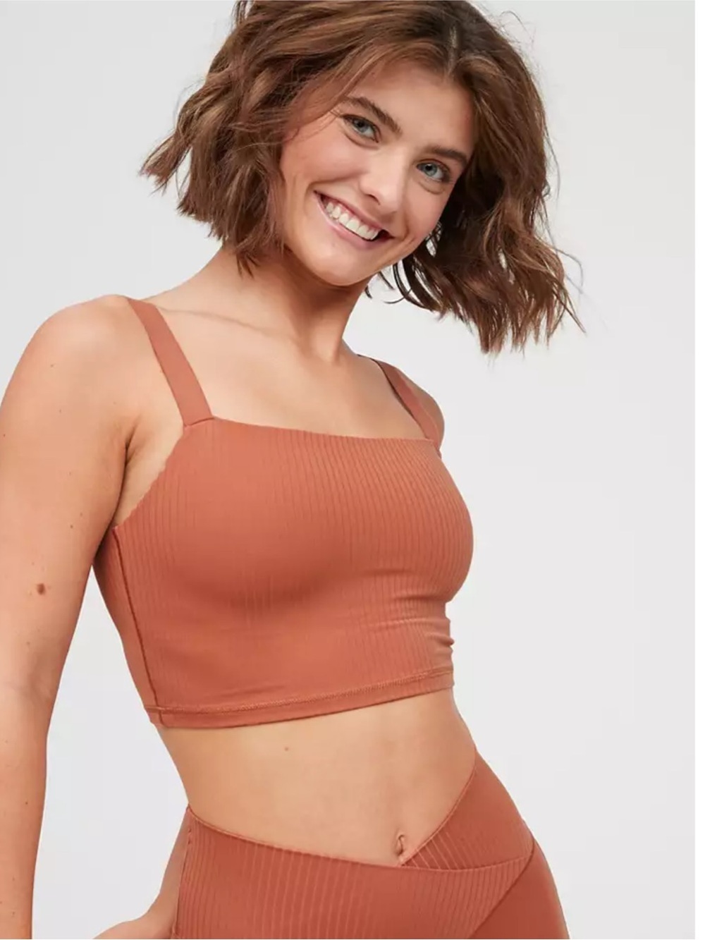 Aerie real me sports bra long line top crop workout ribbed rust twilight square